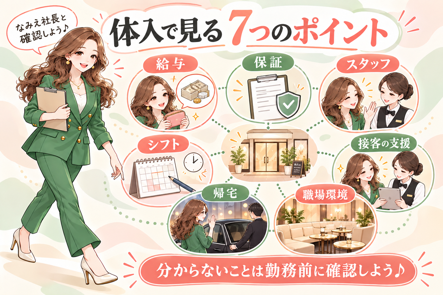 体入で見る 7つのポイント。給与、保証、スタッフ、接客の支援、シフト、帰宅、職場環境。分からないことは勤務前に確認しよう♪