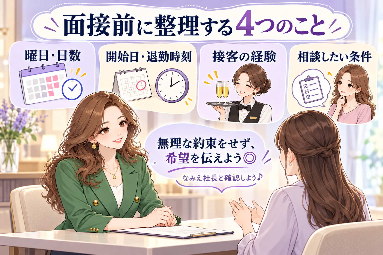 面接前に整理する 4つのこと。曜日・日数、開始日・退勤時刻、接客の経験、相談したい条件。無理な約束をせず、希望を伝えよう◎