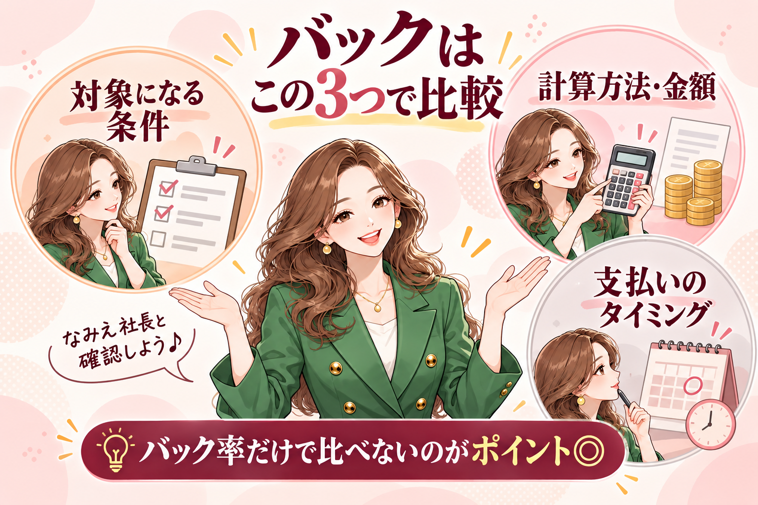 バックは この3つで比較。対象になる条件、計算方法・金額、支払いのタイミング。バック率だけで比べないのがポイント◎