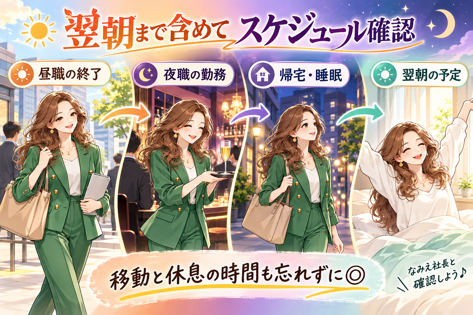翌朝まで含めて スケジュール確認。昼職の終了、夜職の勤務、帰宅・睡眠、翌朝の予定。移動と休息の時間も忘れずに◎