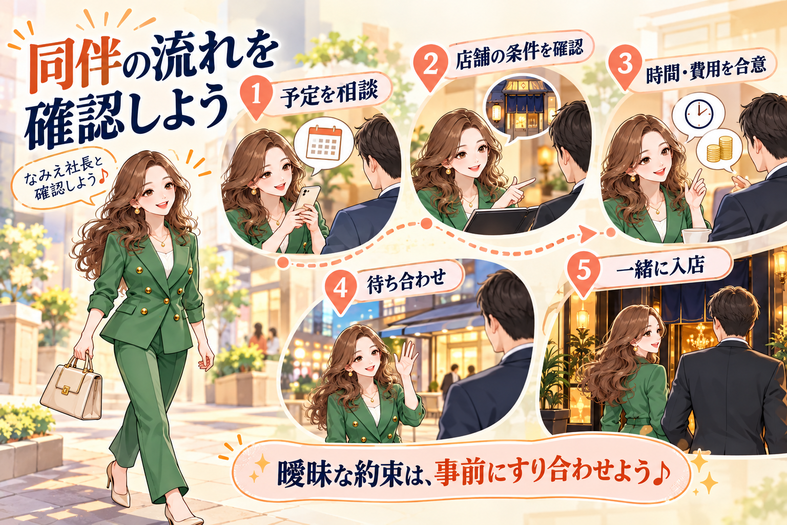 同伴の流れを 確認しよう。予定を相談、店舗の条件を確認、時間・費用を合意、待ち合わせ、一緒に入店。曖昧な約束は、事前にすり合わせよう♪