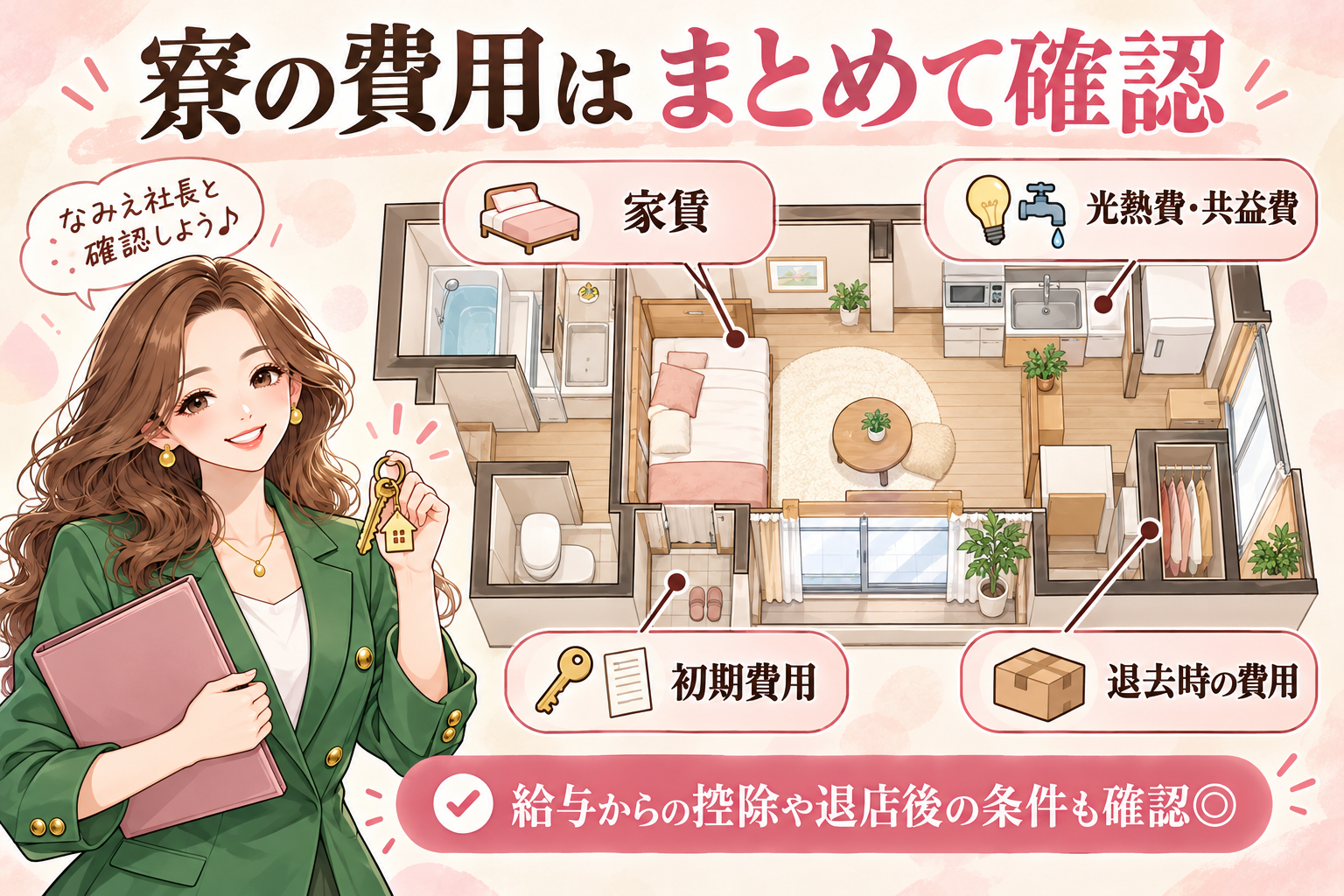 寮の費用は まとめて確認。家賃、光熱費・共益費、初期費用、退去時の費用。給与からの控除や退店後の条件も確認◎