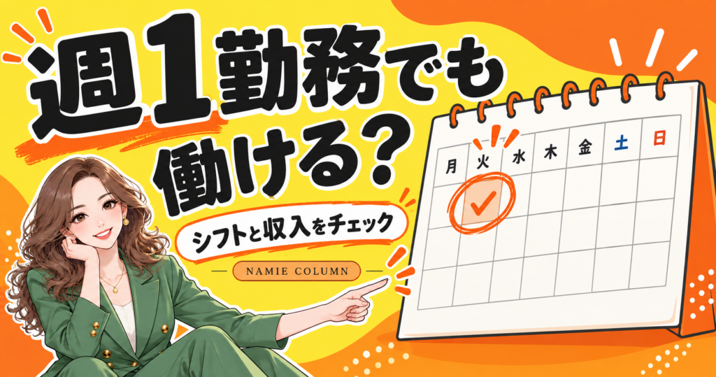 キャバクラは週1勤務でも働ける？採用前に確認したいシフトと収入。緑のスーツのなみえ社長が案内する記事別デザイン