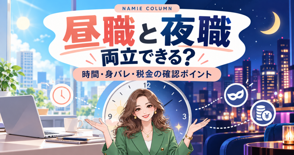 昼職とキャバクラの副業は両立できる？勤務時間・身バレ・税金の確認事項。緑のスーツのなみえ社長が案内する記事別デザイン