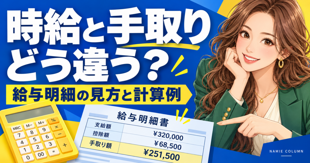キャバクラの時給と手取りはどう違う？給与明細の見方と計算例。緑のスーツのなみえ社長が案内する記事別デザイン