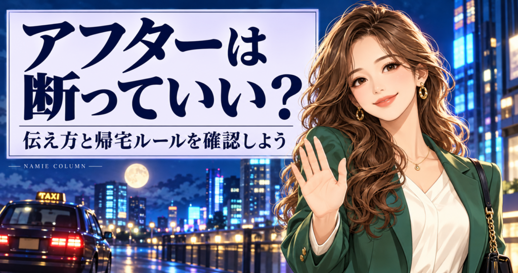 キャバクラのアフターは断っていい？場面別の伝え方と帰宅ルール。緑のスーツのなみえ社長が案内する記事別デザイン