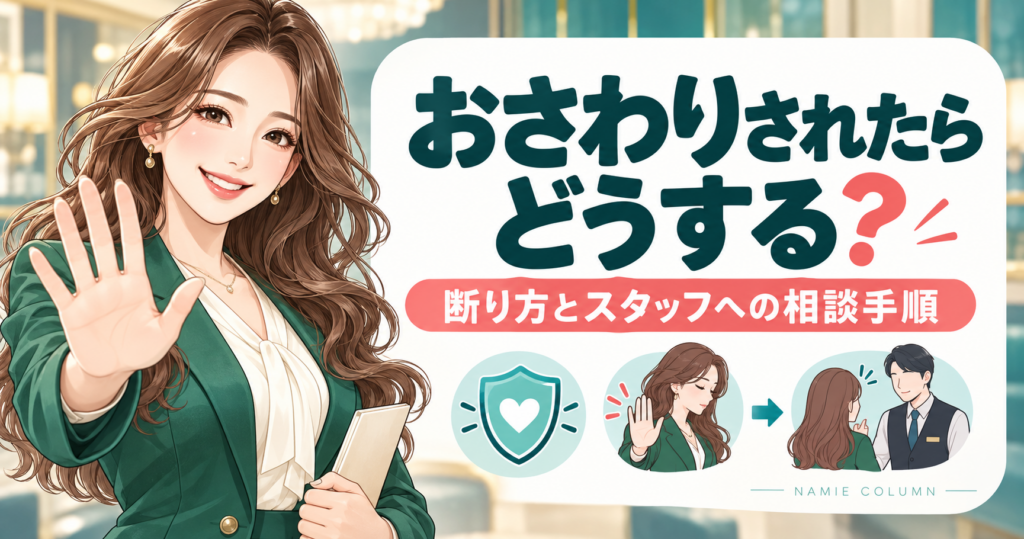 キャバクラでおさわりされたら？新人が知っておきたい断り方と相談手順。緑のスーツのなみえ社長が案内する記事別デザイン